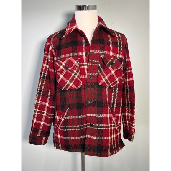Vtg Woolrich Shirt Jacket Shacket Mens Large Red Black Buffalo Check Wool Blend - Picture 1 of 11